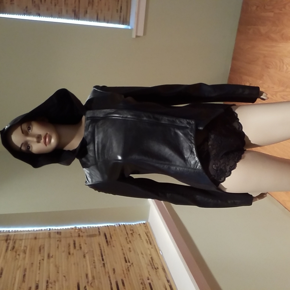 Black leather and sweater tuxedo hooded jacket size  M